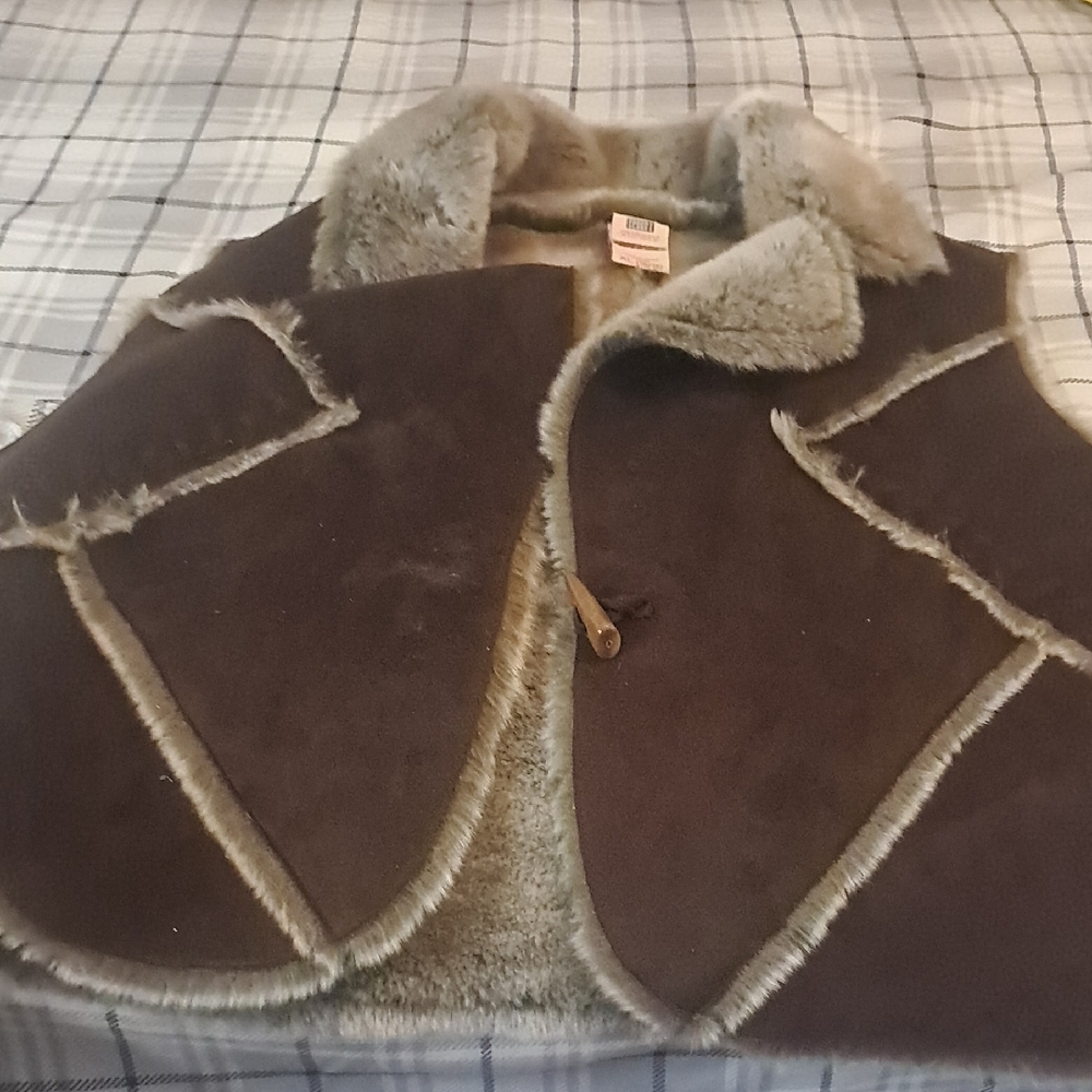 Faded Glory Brown Faux Suede Vest with Cream Faux Fur